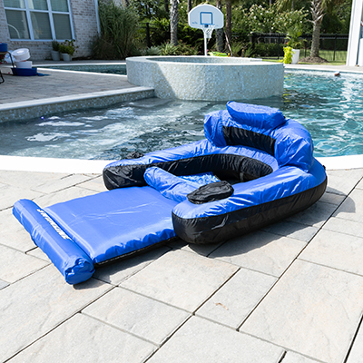 SWIMLINE<sup>&reg;</sup> Floating Lounge Chair - Comfortable Nylon fabric covered inflatable lounge chair with head, arm, and foot rests. Adjust inflation for degree of comfort and 
complete with drink holder.
